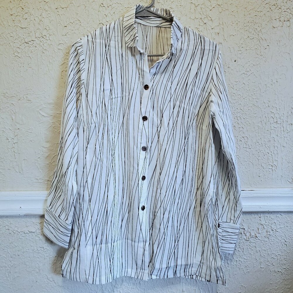 Fridaze Linen Button Up Tunic Shirt, Black & White, S